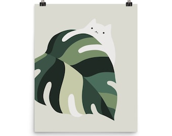 May include: A white cat peeking out from behind a large green monstera leaf. The cat has a simple, cartoon-like face with black eyes and a small mouth.