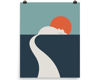 May include: A white cat sleeps on a blue and white background with a large orange sun behind it.