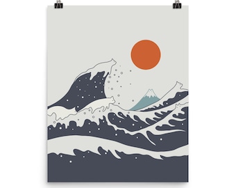 May include: A minimalist illustration of a large wave with four white cats riding on top. The wave is blue and white with a light gray background. A red sun is in the upper right corner and a small blue mountain is in the background.