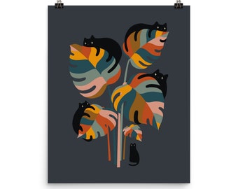 May include: Five black cats are perched on colorful, tropical leaves. The leaves are a mix of green, yellow, orange, and brown. The cats are all looking up at the viewer. The background is a dark gray.
