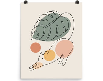 May include: A line drawing of a cat with a monstera leaf and abstract shapes in pink, orange, and yellow on a cream background.