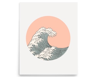 May include: A stylized illustration of a large wave with a peach-colored sun behind it. The wave is made up of a series of white cats.