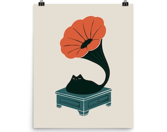 May include: A black cat sits on a vintage gramophone with a red and green horn. The gramophone is on a teal wooden base with a drawer.
