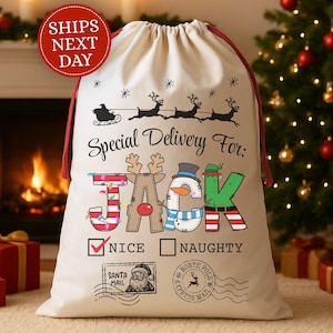 May include: A large, off-white Christmas gift bag with a red drawstring and the text "Special Delivery For: JACK." The letters are decorated with festive designs. The bag includes a "Nice" check box and a Santa Mail stamp.