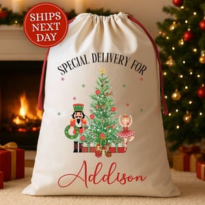 May include: Cream-colored Christmas gift bag with a drawstring closure and red accents. The bag features a festive illustration of a Christmas tree, a nutcracker, and a ballerina. The words "Special Delivery For" and a name are printed on the bag.
