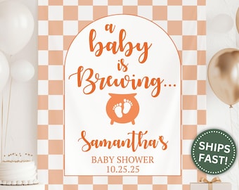 A Baby is Brewing Banner, Fall Baby Shower Decoration for Autumn Baby Shower Tapestry with Date Halloween Theme Baby Shower Banner (PPE0008)