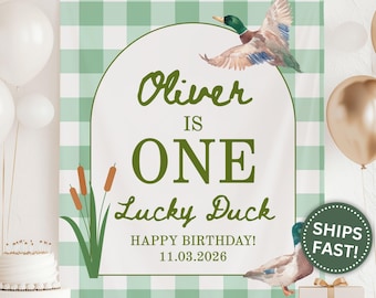 One Lucky Duck Birthday Banner, Custom First Birthday Duck Theme Tapestry for Toddler Birthday Banner 1st Birthday One Lucky Duck (PPE0060)