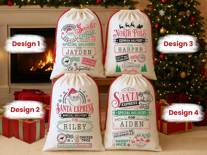 May include: Four white Christmas Santa sacks with red trim, each featuring unique designs. The sacks have festive graphics and text, including "Santa Express" and personalized names. A Christmas tree and fireplace are in the background.