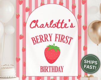Berry First Birthday Banner, Strawberry First Birthday Party Decor for Baby's First Birthday Party Summer Berry Theme 1st Birthday (PPE0013)