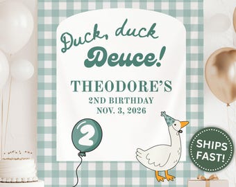 Duck Duck Deuce Birthday Banner, Custom 2nd Birthday Party Banner Duck Theme Tapestry for Toddler Second Birthday Duck Duck Deuce (PPE0019)