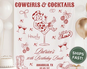 Western Birthday Party Banner, Personalized Cowgirl Birthday Tapestry Cowgirls and Cocktails Party Decor Western Birthday Banner (PPE0053)