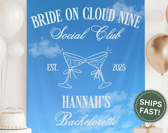 Bride on Cloud Nine Banner, Custom Bachelorette Party Tapestry Cloud Theme Bach Party Banner for Bride on Cloud Nine Bach Banner (PPE0080)
