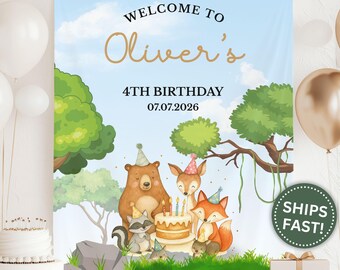 Woodland Animal Birthday Banner, Custom Forest Theme Birthday Tapestry for Toddler Birthday Party Decor Woodland Animal Birthday (PPE0161)