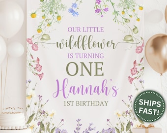 Our Little Wildflower is One Banner, Custom First Birthday Banner Girl 1st Birthday Floral Backdrop One Year Wildflower Birthday (PPE0128)