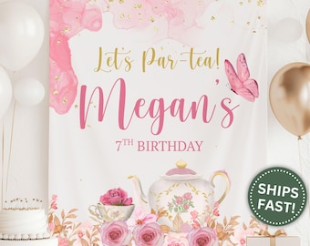 Tea Party Birthday Banner, Custom Tea Party Backdrop for Girls Let's ParTea Birthday Tapestry Birthday Floral Tea Party Decoration (PPE0061)