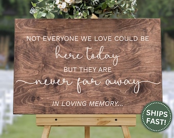 May include: A wooden sign with white script that reads "NOT EVERYONE WE LOVE COULD BE here today BUT THEY ARE never far away IN LOVING MEMORY..." The sign is displayed on a wooden easel and topped with flowers.