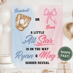May include: A gender reveal sign with a blue and pink watercolor background. The sign features a baseball glove with a baseball and a pink bow. Text reads "Baseball or Bows, A Little All Star Is On The Way, Ryan & Meg's Gender Reveal."