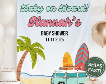 Surfing Baby Shower Banner, Custom Baby On Board Tapestry Decor for Baby Shower Party Banner Surf Lover Baby on Board Baby Shower (PPE0177)