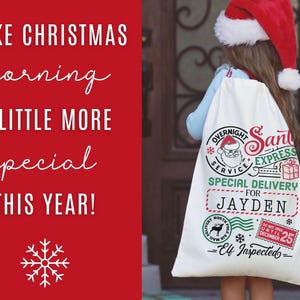 May include: A white Christmas gift sack with the text "Overnight Service Santa Express Special Delivery for Jayden." The sack has a Santa Claus graphic and other holiday-themed stamps. The background is red with the text "Make Christmas morning a little more special this year!"
