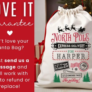 May include: Cream-colored Santa bag with red drawstring, featuring a North Pole Express Delivery design. The bag includes the name "HARPER" and festive graphics like reindeer, a sleigh, and Christmas trees. Text on the bag includes "Do not open until December 25".