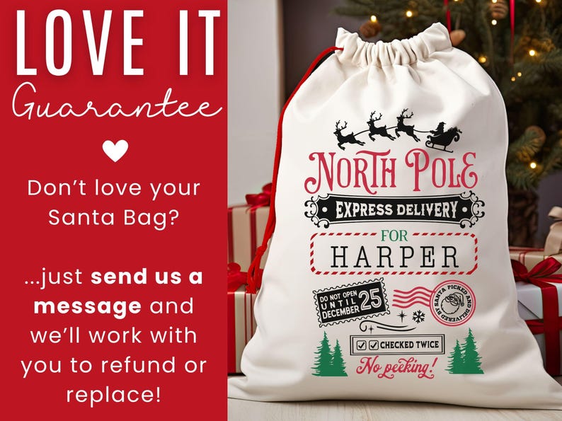 May include: Cream-colored Santa bag with red drawstring, featuring a North Pole Express Delivery design. The bag includes the name "HARPER" and festive graphics like reindeer, a sleigh, and Christmas trees. Text on the bag includes "Do not open until December 25".