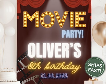 Movie Theme Birthday Banner, Custom Hollywood Movie Theater Theme Tapestry Decor for Birthday Party Banner Movie Night Birthday (PPE0183)