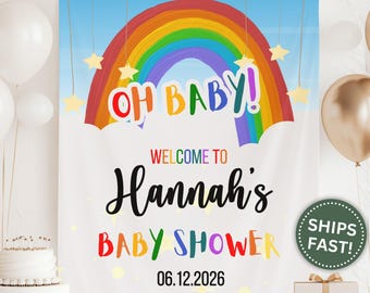 Rainbow Theme Baby Shower, Custom Oh Baby! Baby Shower Tapestry Backdrop for New Baby Rainbow Party Banner for Rainbow Baby Shower (PPE0178)