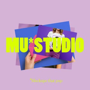 May include: A collage-style graphic with the neon yellow text "MU*STUDIO" over a background of layered blue, purple, and pink shapes. A person holds a purple item. The tagline "Mockups that pop" is at the bottom.