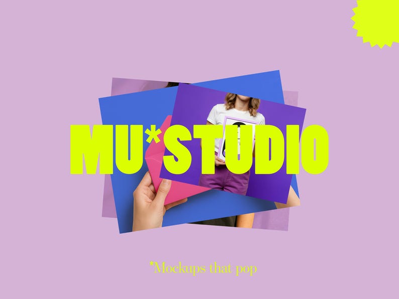 May include: A collage-style graphic with the neon yellow text "MU*STUDIO" over a background of layered blue, purple, and pink shapes. A person holds a purple item. The tagline "Mockups that pop" is at the bottom.