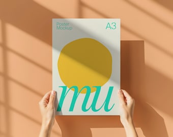 Poster Mockup Unframed A3 with Hands Colored Background PSD Photoshop Photopea Mockup DIN A Minimal Illustration Mockup for Printable Art