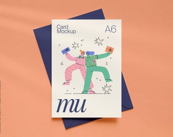 Mockup A6-wenskaart: aanpasbare envelop en bewerkbare achtergrondkleur, verticale A6/A5-kaart, PSD-sjabloon (digitale download)