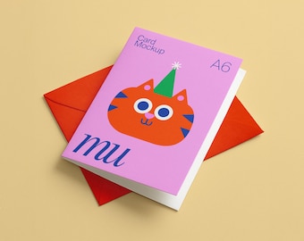 A6 Folded Card Mockup: Customizable Color or Kraft Envelope, Editable Background, Vertical Greeting Card PSD Template