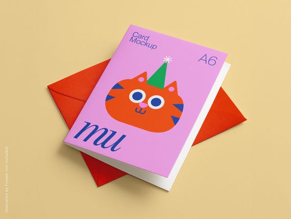 A6 Folded Card Mockup: Customizable Color or Kraft Envelope, Editable Background, Vertical Greeting Card PSD Template