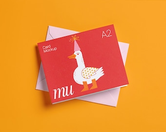 US A2 Folded Landscape Card Mockup: Customizable Color  or Kraft Envelope, Editable Background, Horizontal Greeting Card PSD Template