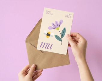 Vertical A5 Greeting Card Mockup with Hands: Kraft Envelope, Editable Background Color, 5x7 Postcard PSD Template