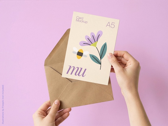 Vertical A5 Greeting Card Mockup with Hands: Kraft Envelope, Editable Background Color, 5x7 Postcard PSD Template