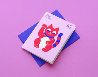 US A2 Folded Card Mockup: Customizable Color or Kraft Envelope, Editable Background, Vertical 4.25 x 5.5 inch Greeting Card PSD Template