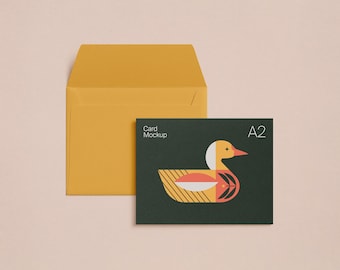 Horizontal A2 Greeting Card Mockup: Customizable Color Envelope with Straight Flap, Editable Background Color, PSD Photoshop Template
