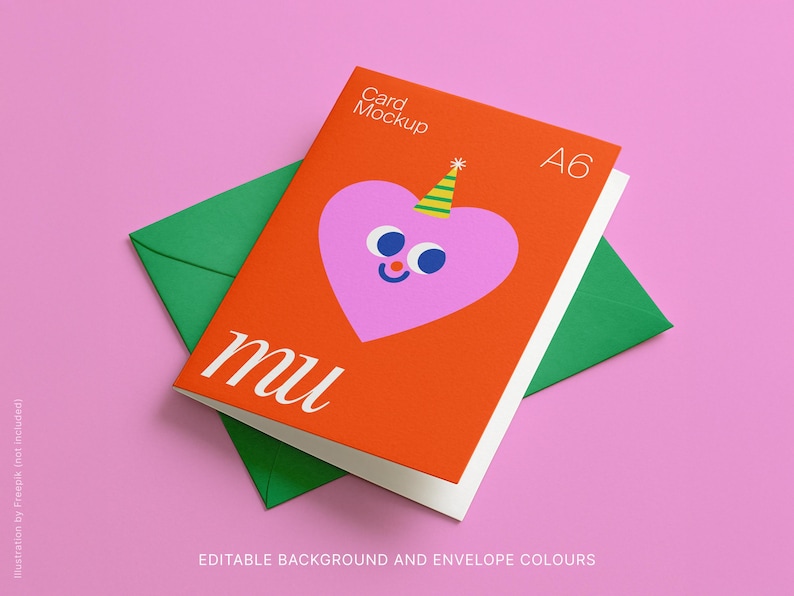 May include: An orange A6 card mockup featuring a pink heart character with a party hat, on a green envelope, set against a pink backdrop. The card displays the word "mu" in white script. The text "Card Mockup" and "A6" are also visible.