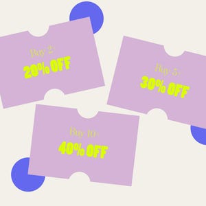 May include: Three lavender-colored discount cards with rounded corners and cut-out sections. Each card features text in a bright yellow color indicating a percentage discount: 20% off, 30% off, and 40% off. Blue circles are scattered around the cards.