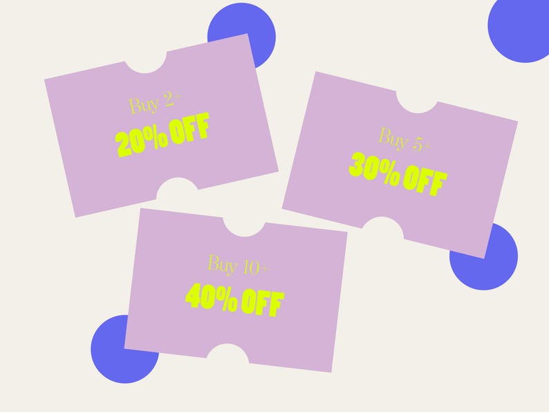 May include: Three lavender-colored discount cards with rounded corners and cut-out sections. Each card features text in a bright yellow color indicating a percentage discount: 20% off, 30% off, and 40% off. Blue circles are scattered around the cards.