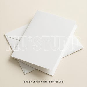 May include: A white card and envelope set, with the text "MU*STUDIO" overlaid on the image. The phrase "BASE FILE WITH WHITE ENVELOPE" is at the bottom. The items are on a light beige background.
