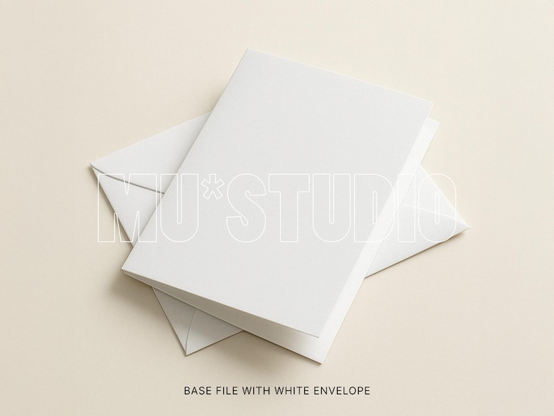 May include: A white card and envelope set, with the text "MU*STUDIO" overlaid on the image. The phrase "BASE FILE WITH WHITE ENVELOPE" is at the bottom. The items are on a light beige background.