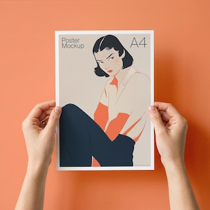 Pode incluir: Maquete de pôster A4 em fundo laranja. O pôster apresenta uma ilustração de uma mulher com camisa branca com mangas laranja e calças azul escuro. O texto "Poster Mockup" e "A4" são visíveis no pôster.