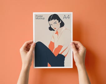 A4 Unframed Poster Mockup: Hands Holding DIN A 5x7 Print, Editable Background Color (PSD File)