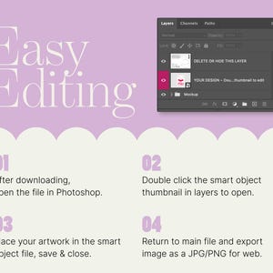 May include: A graphic with the text "Easy Editing" in a decorative font. Instructions are provided in numbered steps, including opening a file in Photoshop, double-clicking a thumbnail, and saving the artwork. A layers panel is also visible.