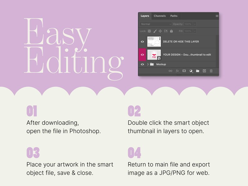 May include: A graphic with the text "Easy Editing" in a decorative font. Instructions are provided in numbered steps, including opening a file in Photoshop, double-clicking a thumbnail, and saving the artwork. A layers panel is also visible.