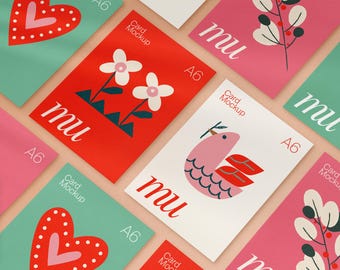 Multiple Card Mockup A6: Flat-lay greeting card set image for Photoshop, Customizable Background Color, Paper Texture, PSD Digital Download