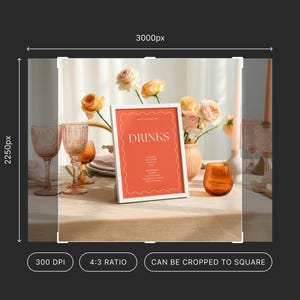 Pu&ograve; includere: Un'apparecchiatura da tavola con un cartello color corallo con la scritta "DRINKS". La scena comprende bicchieri, fiori e candele. Lo schema dei colori &egrave; corallo, pesca e bianco, creando un'atmosfera elegante.