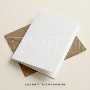 May include: A white folded card sits on a brown kraft paper envelope. The card is centered, with the envelope partially visible beneath. The text "MU*STUDIO" is overlaid on the card and envelope. The words "BASE FILE WITH KRAFT ENVELOPE" are at the bottom.